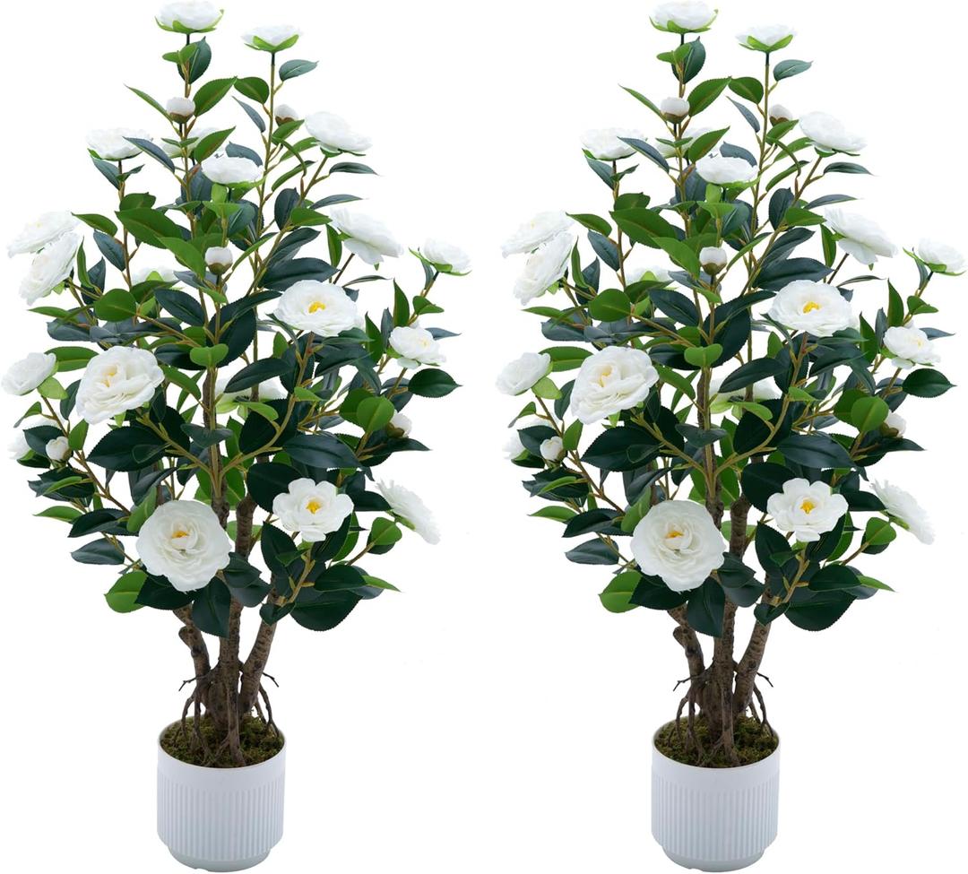 2 Pack Artificial Camellia Tree with White Pot, 38" Faux Potted Plants for Indoor Outdoor Decor, Tall Silk Greenery Plant for Home Office Living Room Balcony, White (3FT)