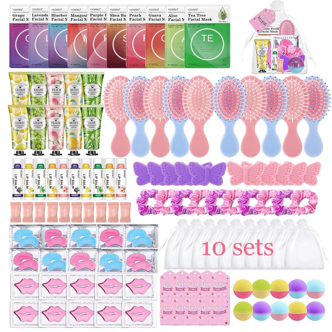 VESPRO 110PCS Spa Party Supplies for Girls, Spa Day Kit Include Face Masks Skincare, Hand Cream, Lip Balm, Under Eye Patches, Mini Hair Brush, Spa Birthday Sleepover Party Supplies for Teen Girls