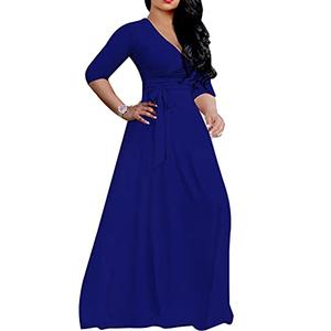 LightlyKiss Plus-Size Maxi Dresses for Women African Summer 3/4 Sleeves Beach Sundress with Pockets Blue, XL
