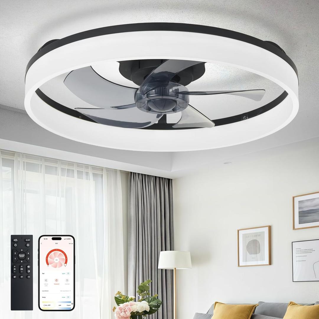 DLLT LED Ceiling Fan with Light: 20" Modern Low Profile Flush Mount Fandelier with App & Remote Control - Dimmable Black Bladeless Fan Light Fixture for Bedroom Kids Room Living Room