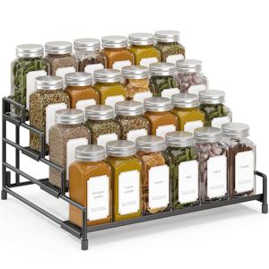RUILALIFE 4-Tier-Spice-Rack-Organizer-for-Cabinet, Adjustable Depth Spice Holder Shelf For Countertop Pantry Cupboard, Metal Tiered Seasoning Organizer, Display Shelf Riser (Black-1 Pack)