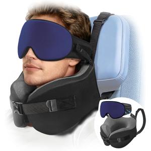 YFONG Travel Pillow for Long Flight Airplanes, Head Strap Combo with 3D Contoured Eye Mask for Sleep, Neck Pillow for Car Trip Essential, 360 Support Memory Foam Headrest, Prevent Bobbing, Blue