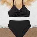 Milumia Girl's 2 Piece Swimsuit V Neck Spaghetti Strap Bathing Suit Bikini Set Swimwear (Black)