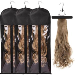 3PCS Extra Long Hair Extension Storage Bag Hairpieces Storage Holder with Wooden Hanger Dust-proof Portable Suit with Transparent Zip Up Closure- Light weight, Waterproof and Portable (Black)