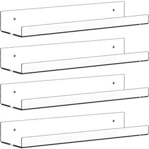 4 Pack Clear Acrylic Shelves for Wall with Adhesive,15 Inch No Drill Floating Shelves for Bathroom,Bedroom,Renter Friendly,Kids Room Bookshelf,Wall Display Shelf for Lego,Funko Pop,Figurine,Perfume