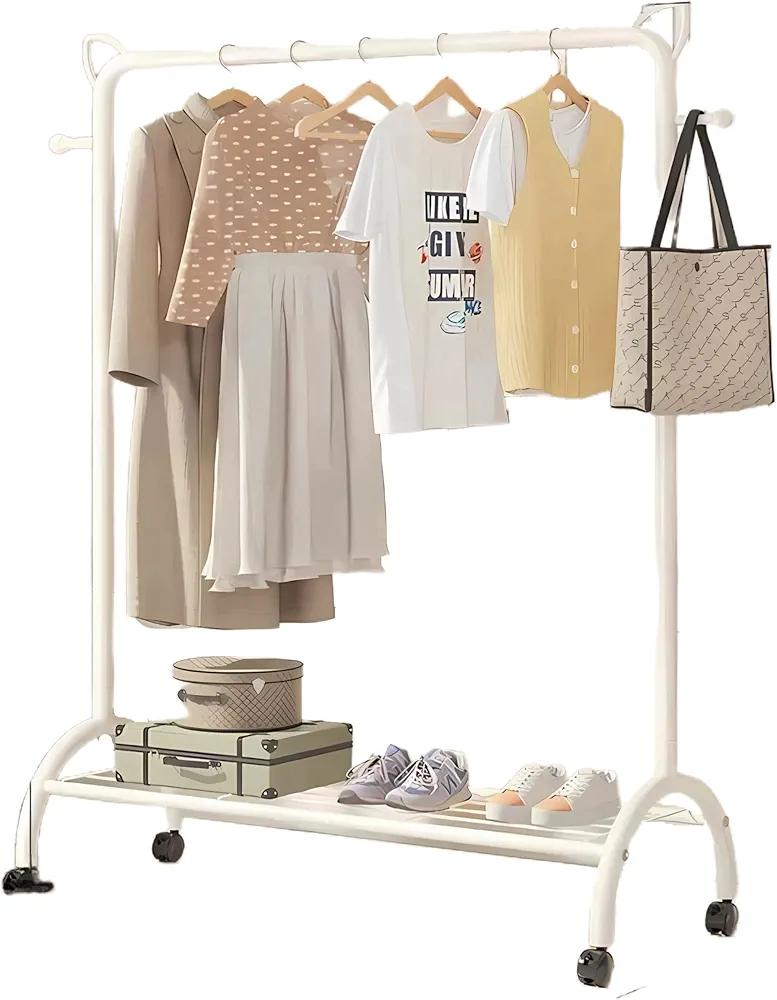 Clothes Rack with Wheels for Hanging Clothes, Heavy Duty Clothes Organizer with Bottom Mesh Storage Shelf, Sturdy Metal Frame, 100 lb Max Total Load, 2 Brakes, Side with 2 Hooks