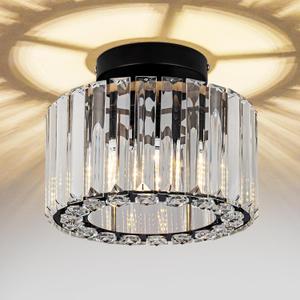 Crystal Ceiling Light, Black Semi Flush Mount Lighting Fixture Modern Chandelier, 8.66 Inch Mini Flush Mount Ceiling Lamp for Hallway Entryway Kitchen Bedroom
