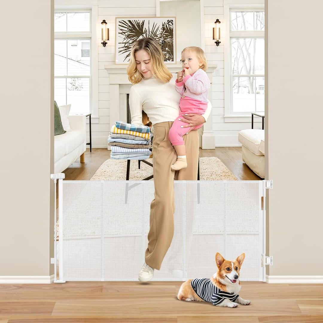 Reinforced 26 Inch Tall Retractable Baby Gates to Step Over 55" Wide Small Outdoor Retractable Child Gates for Doorways Short Retractable Dog Gates for Baby Indoor Retractable Stairs Gate for Kids (White)