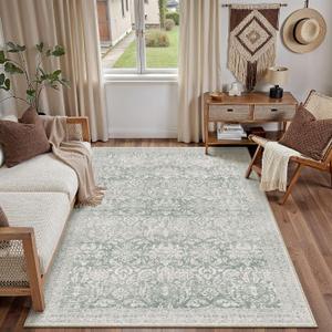 PureCozy 4x6 Area Rug Washable Green Vintage Home Office Carpet Indoor Non Slip Small Low Plie Thin Bedroom Living Dining Room Retro Accent Throw Rug
