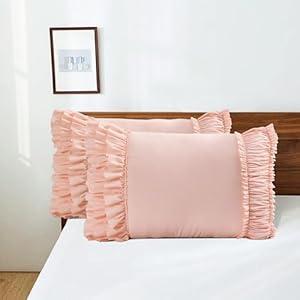 HIG Pack of 2 Farmhouse Ruffle Pillow Shams, Standard Size Gray French Country Style Vintage Pillowcases with Handcraft Ruffle, Boho Frilly Pillow Shams for Bedroom, Microfiber, 20" X 26" (Emory)