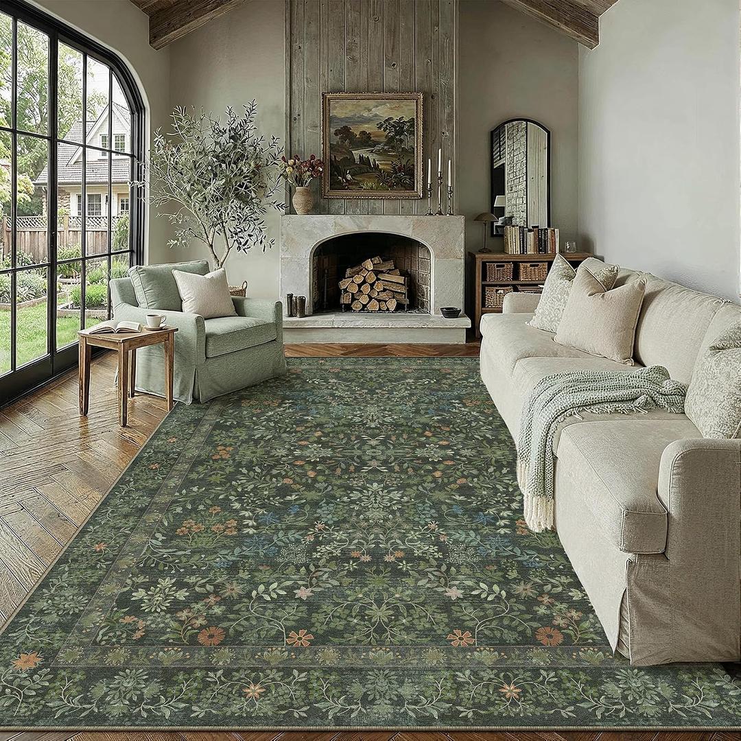 PureCozy 8x10 Dark Green Floral Area Rug Vintage Farmhouse Style | Washable, Non Slip, Soft Low Pile, Indoor Carpet for Living Room, Bedroom, Dining Room, Botanical Decor