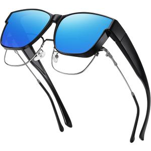GEGURI Polarized Sunglasses Fit Over Glasses for Men Women, Oversized Square Sun Glasses UV400 Protection Shades (Size L A08 Black/Blue)