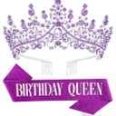 Birthday Tiara Crown with Sash for Women, Headband Hair Accessories for Wedding Party Costume (A-Purple)