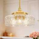 3-Light Adjustable Pendant Lights Kitchen Island, Gold Brushed Metal & Clear Glass Ceiling Pendant Light, Vintage Brass Drop Lights for Bathroom, Hallway, Convertible Ceiling Mount Or Hanging Fixture