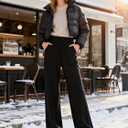 Sunzel Fleece Lined Wide Leg Pants for Women High Waist Thermal Workout Lounge Straight Leg Yoga Pants Winter Warm Sweatpants (Black)