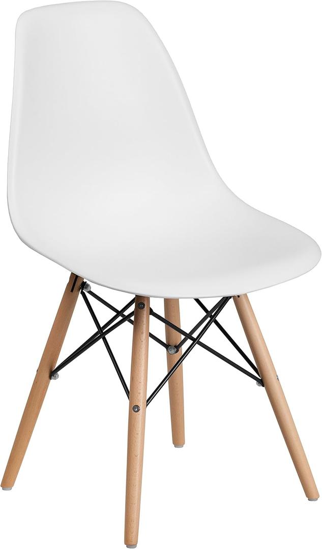 Flash Furniture Elon Series Plastic Modern Dining Chair with Wooden Legs, Mid-Century Modern Accent Chair for Dining Rooms and Offices, White (Set of 1)