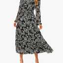 Simplee Women's Floral Boho Long Sleeve Maxi Dress V Neck Empire Waist Swing Flowy Wedding Guest Dress XL Black White Floral