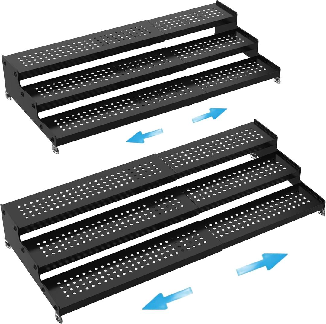 Expandable Spice Rack organizer with 3-Tier step shelf, Modern Design heavy duty, Non Skid and Visibility , Great for Kitchen Cabinet, Bathroom, dressing table, Cupboard, Pantry and more(2PACKS/ BLACK)