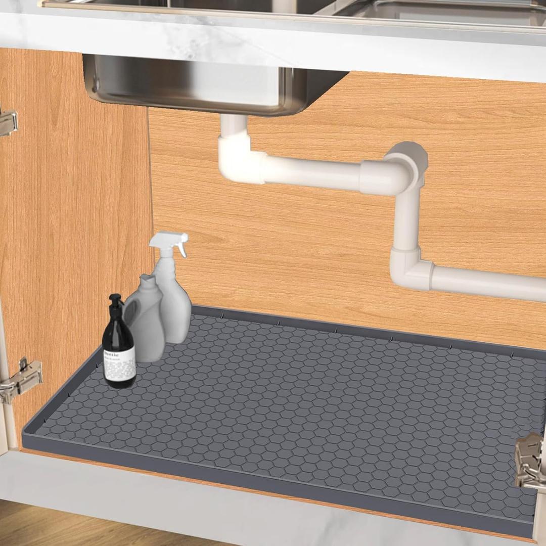 Under Sink Mat 25 x 22 for Kitchen Waterproof, Silicone Under Kitchen Sink Liner Mat, Easy to Clean Bathroom Cabinet Mat Organizers and Storage, Grey