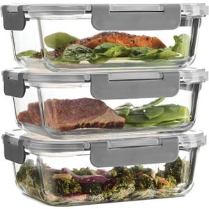 FineDine 14-Piece Superior Glass Food Storage Containers Set, 35oz Capacity - Newly Innovated Hinged Locking lids - 100% Leakproof Glass Meal-Prep Containers, Freezer-to-Oven-Safe