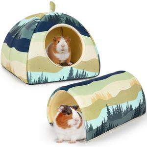 Bienbee Guinea Pig Hideout, Washable Rabbit Bed with Guinea Pig Tunnel, 2 Pack Guinea Pigs Toys Set Bunny Hideout Cage Accessories for Hamster Ferret Rabbits Bunny,Blue-Green Moutains (Large(9.4"L x 9.4"W x 7.9"H))