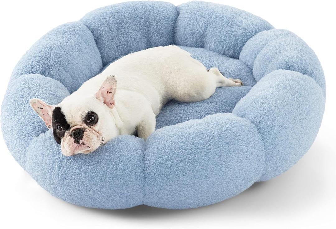 Lesure Calming Medium Dog Bed - Flower Donut Round Fluffy Puppy Bed in Plush Teddy Sherpa, Non-Slip Cute Flower Cat Beds for Indoor Cats, Medium Pet Bed Fits up to 45 lbs, Machine Washable, Blue 30" (30.0"L x 30.0"W x 8.0"Th, Blue)