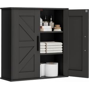 Bathroom Wall Cabinet, Over Toilet Storage Cabinet with Barn Doors and Adjustable Shelves, 3-Tier Medicine Cabinet Wall Mounted, for Bathroom, Kitchen, Entryway, Laundry Room, Black, (7.9" D)