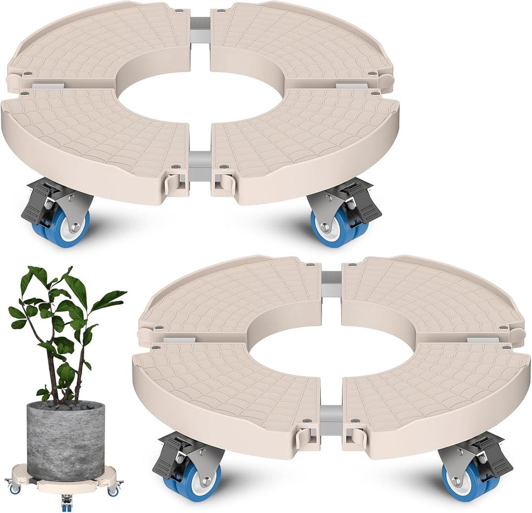 Goovilla Plant Stand with Wheels Heavy Duty, 4Pack Adjustable 15-22 Plant Caddy with Lockable Caster Wheels 440LBS, Rolling Plant Stand/Dolly/Roller for Indoor Outdoor Large Planter, Flower Pot, Beige