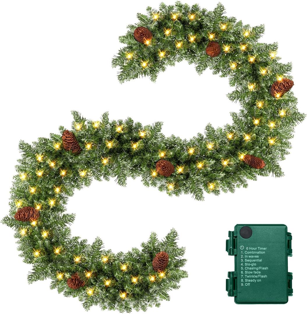 9FT Christmas Garland Pre-lit 50LED Lights Holiday Artificial Decor for Stairs Mantle Door Indoor Outdoor Garland with Battery Operated Timer (Pinecone Green)