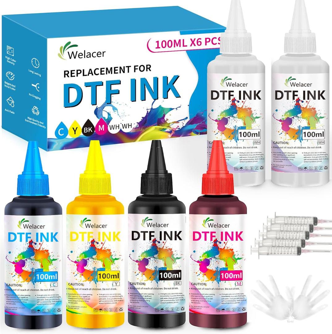 DTF Ink 100mlx6 for ET-8550, ET-2850 L1800, R1390, I3200, XP600, XP-15000, DX5 DX7, TX800, L800, 1430, P400,Heat Transfer Ink Conversion Kit Refill for All DTF Printers,for DTF Film