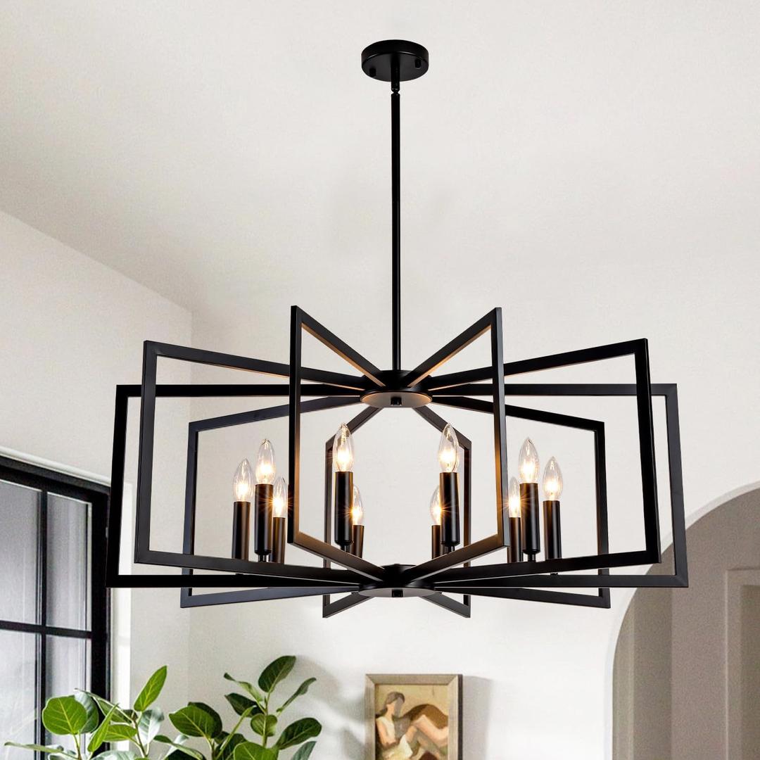 Black Chandelier for Dining Room,10-Light Kitchen Chandelier Light Fixture Modern Farmhouse Geometric Metal Hanging Industrial Chandeliers for Entryway Kitchen Island Foyer Lighting Fixtures