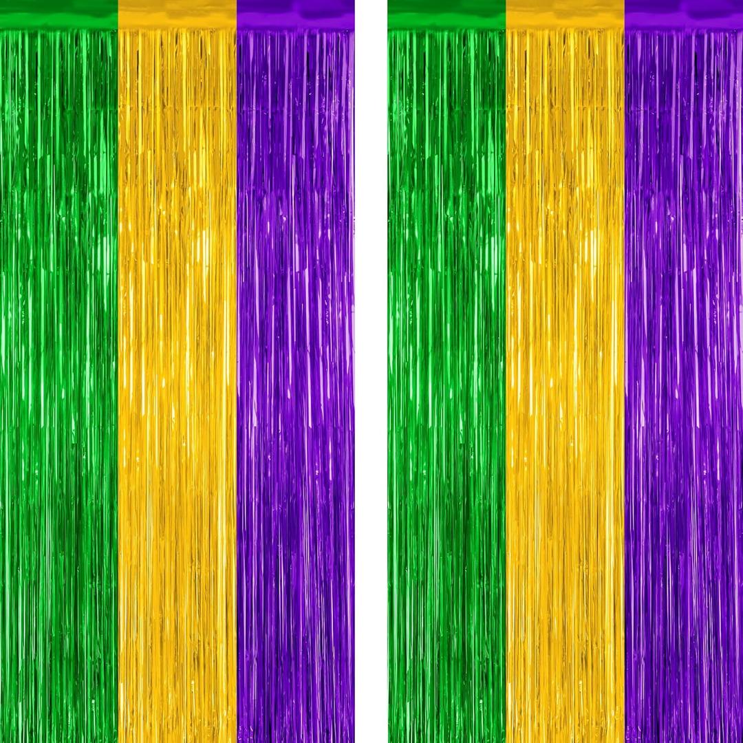2 Pack Mardi Gras Tinsel Backdrop, 3.28 FT x 7.05 FT Metallic Fringe Curtain, Purple Gold Green Color Foil Backdrop Party Streamer, Mardi Gras Photo Booth Props Lobster Party Decorations