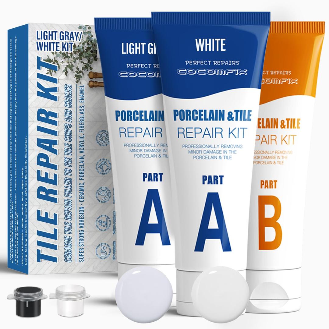 Tile Repair Kit - (Light Gray/White Kit) Ceramic Floor Tile Repair Kit - Super Strong Porcelain Tile Filler - Fix Cracks, Chips, Holes Fast. for Porcelain, Ceramic, Acrylic, Fiberglass, Enamel.