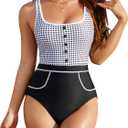 BMJL Womens Tummy Control Swimsuits Retro Vintage One Piece Bathing Suits Slimming Color Block Stripes Swimwear (XL)