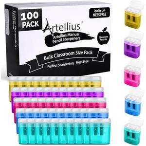 Artellius Bulk Pencil Sharpeners for Classroom - Double Hole, Plastic, Multicolor, 100-Count - Handheld Pencil Sharpener for Kids & School Supplies