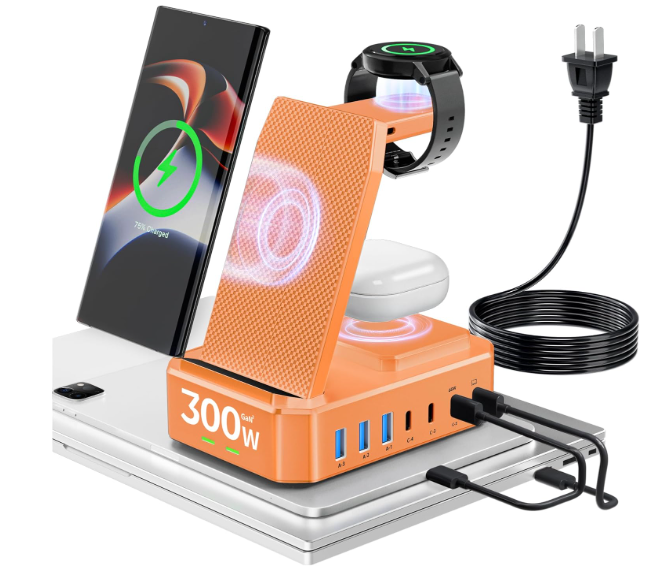 300W Wireless Charger for Samsung,Zutspzss 10 in 1 Wireless Charging Station, 65W USB C Fast Charging Stand for Samsung S25 Ultra/S24/S23/S22/Z Fold,Galaxy Watch Ultra7/6/5,Galaxy Buds,Orange