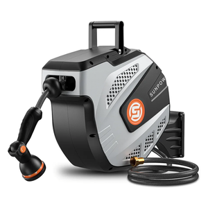 SUNPOW Retractable Garden Hose Reel - 1/2 inch x 50ft Wall Mounted Hose Reel with 3/4 inch Brass Fitting & 10 Function Sprayer Nozzle - Any Length Lock, Auto Rewind System, 180°Swivel Bracket - Grey