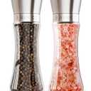 Premium Salt and Pepper Grinder Set of 2 - Two Refillable Stainless Steel Sea Salt & Spice Shakers with Adjustable Coarse Mills - Easy Clean Ceramic Grinders w/BONUS Silicone Funnel & Cleaning Brush