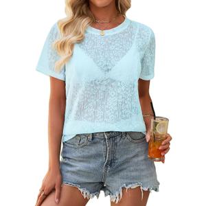 Allimy Women's Sexy See Through Sheer Lace Summer Tops Crew Neck Short Sleeve T Shirts (Blue, XXXL)