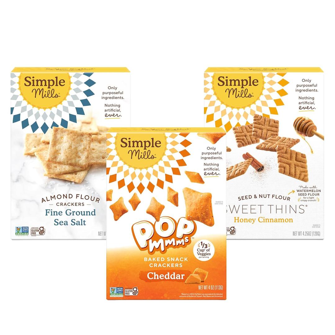 Simple Mills Best Snacks Variety Pack, Sea Salt Almond Flour Crackers, Honey Cinnamon Sweet Thins and Cheddar Pop Mmms, Gluten Free, Paleo Friendly Healthy Snacks, (Pack of 3) (EXP 04/20/26)