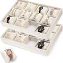 2 Pack Velvet Watch Tray 12 Grid Jewelry Organizer Tray Beige Stackable Watch Bracelet Bangle Display Holder With Adjustable Pillows for Men Women