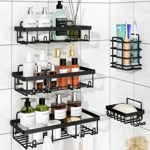 Liuoud 5 Pack Shower Caddy Organizer Rack Shelf for Inside Shower, Adhesive Bathroom Wall Storage Basket Rustproof Stainless Steel Shampoo Holder, Bathroom Accessory Decor Set, Black.