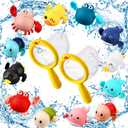 Bath Toys Sets Include 12 Pcs Wind up Floating Toys with 2 Pcs Duck Shape Fishing Net, Swimming Pool Games Bathtub Shower Toy, Turtle Whale Duck Crab for Boys Girls Funny Gifts