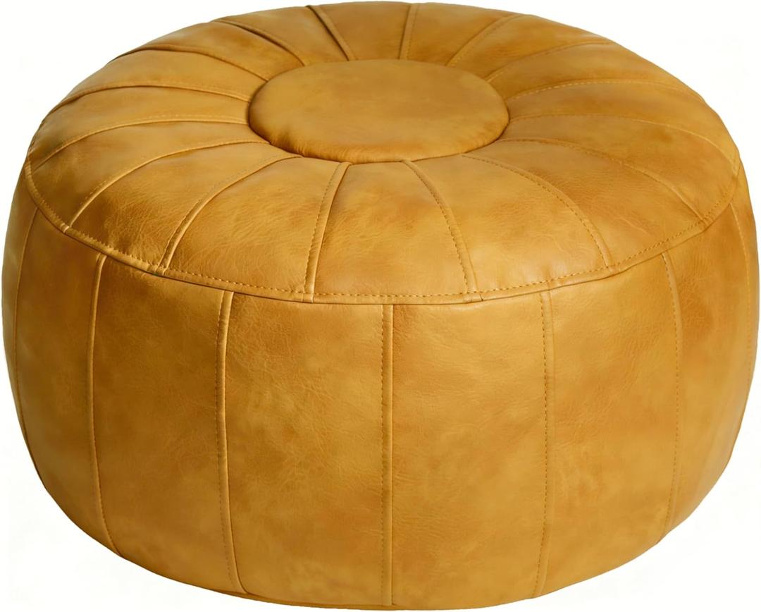 Thgonwid Unstuffed Moroccan Storage Pouf Foot Stool Ottoman Seat Handmade Faux Leather Bean Bag Floor Chair Foot Rest for Living Room, Bedroom or Balcony (Yellow)