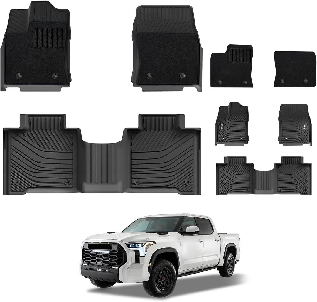 3W Floor Mats & Front Carpets Fit 2022-2026 Toyota Tundra (Only for CrewMax Cab), SR/SR5/TRD PRO/Limited/Platinum/Castone Custom Fit All-Weather TPE Front & Rear Row Floor Liner Black