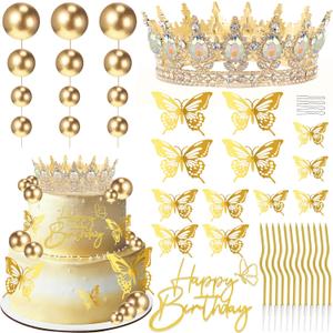 ZOYVUX Birthday Crown Cake Topper, Cake Decorations with Happy Birthday Cake Topper, Balls, Gold Butterflies, Corona Para Pastel for Women, Princess, Wedding Party Decor (Gold & AB)