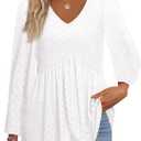 Tankaneo Womens Long Sleeve Shirts V Neck Loose Fit Tunic Tops Babydoll Peplum Top Flowy Dressy Casual Blouse Eyelet T-Shirt White, XL