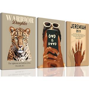 Black Woman Inspirational Wall Art Set of 3, Christian Faith Canvas Prints, Warrior Daughter Leopard Art, God Is Good Poster, Jeremiah 29:11 Scripture Decor, Modern Afro Aesthetic Wall Decor 16x24 in, 24Lx16W