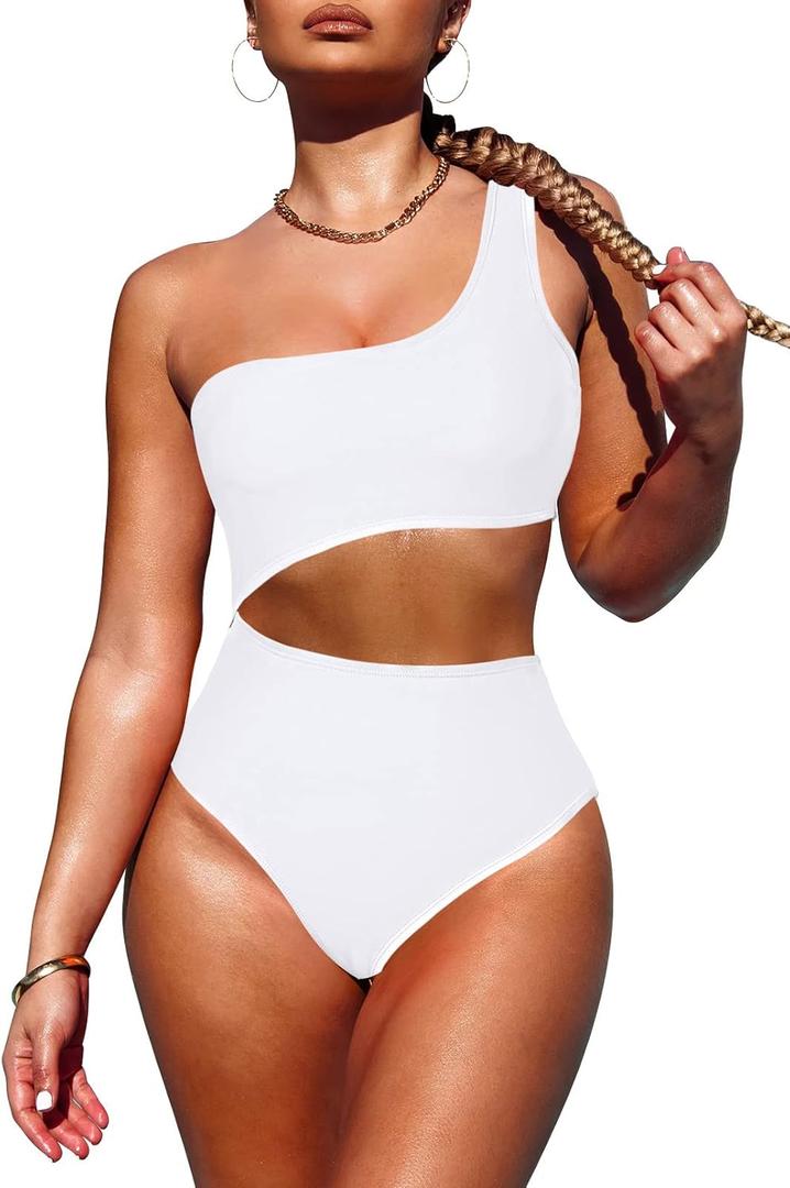 Women's One Shoulder One Piece Swimsuit Cutout Color Block Monokini Bathing Suits XL