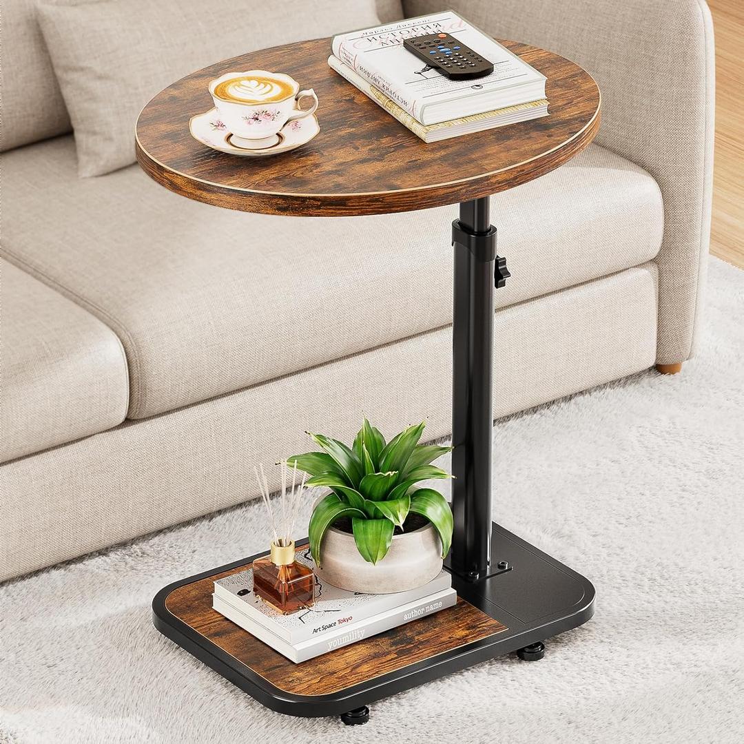 TV Tray Table with Infinite Adjustable Height - C-Shaped Sofa End Side Table for Snack Laptop Desk Small Spaces (Brown)